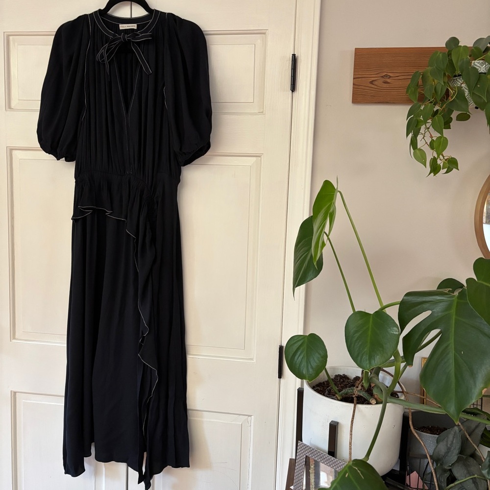 Ulla Johnson Leah Dress Noir Black Midi Puff Sleeve Contrast Trim Size 10 Tie‎ - Picture 10 of 16
